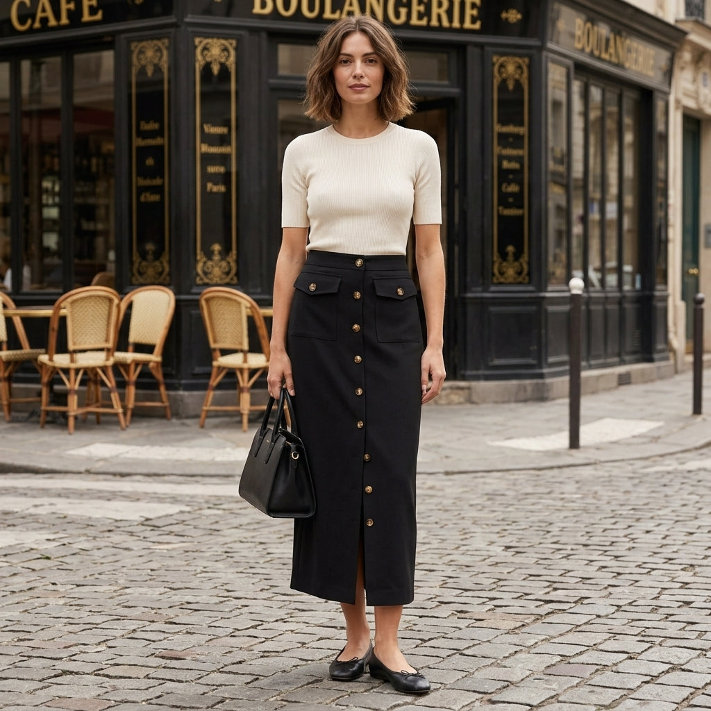 Jupe midi noire boutonnée sur le devant