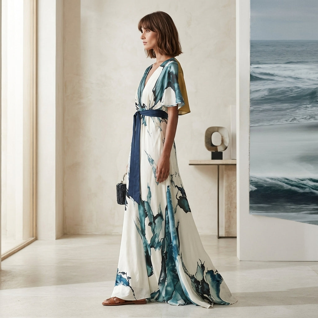 Robe longue aquarelle à taille nouée