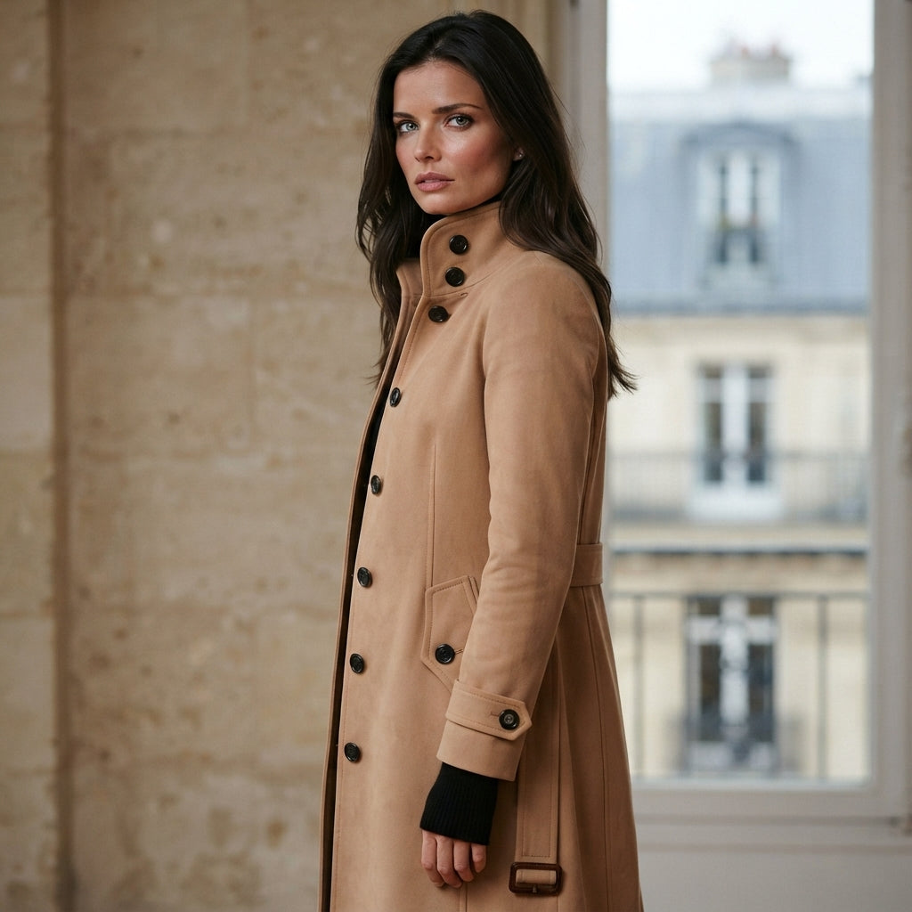 Manteau long à col montant et ceinture