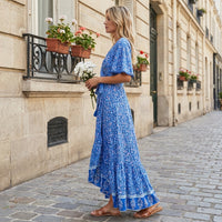 Robe longue bohème turquoise à fleurs