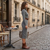 Robe midi côtelée à col montant et décolleté en V
