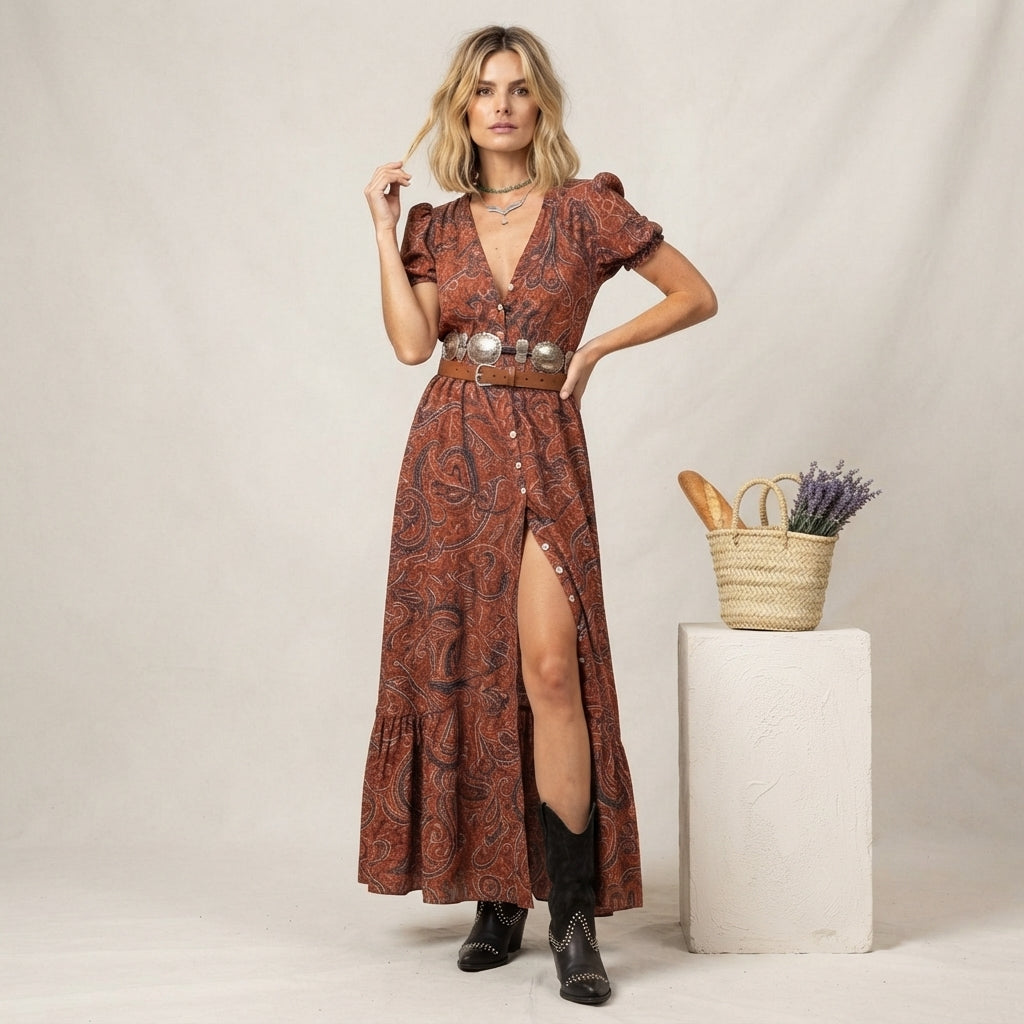 Robe longue fendue à motif cachemire