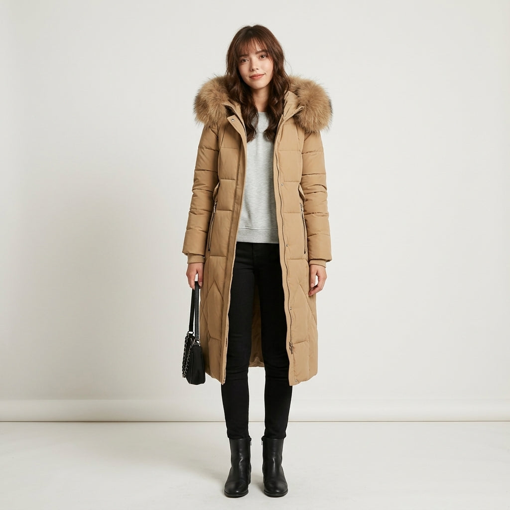Manteau matelassé long à capuche bordée de fourrure