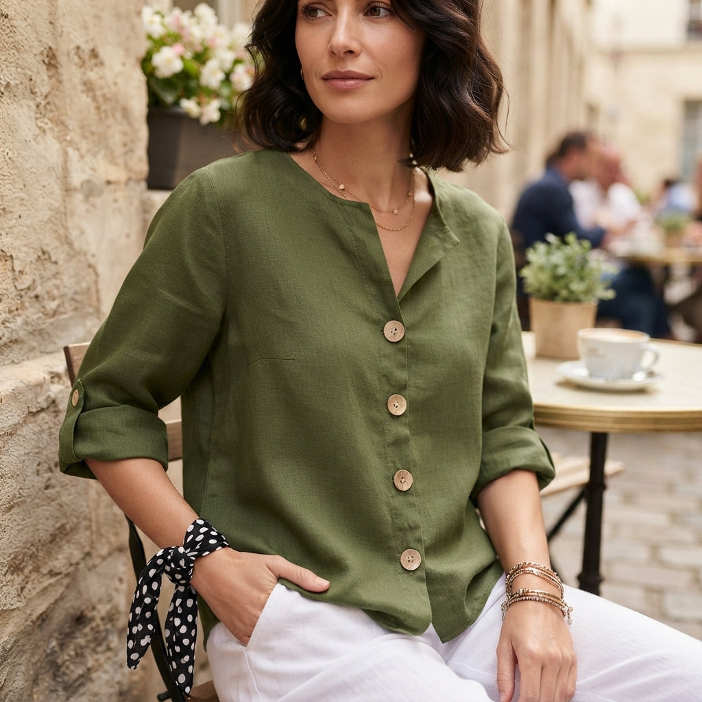 Blouse en lin à col en V boutonné
