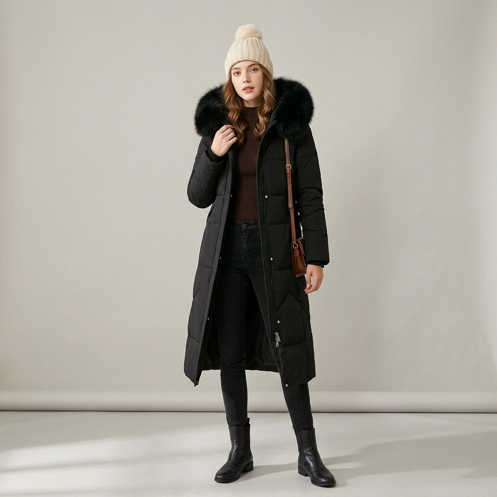 Manteau matelassé long à capuche bordée de fourrure