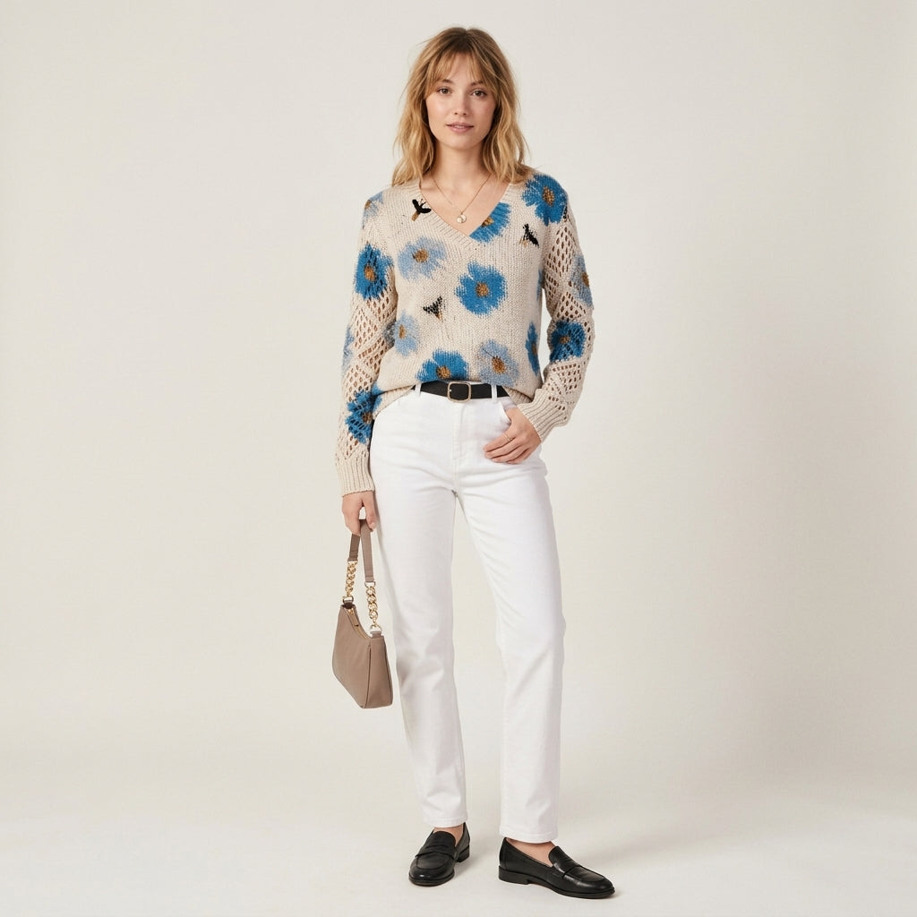 Pull en maille à col en V et motif floral