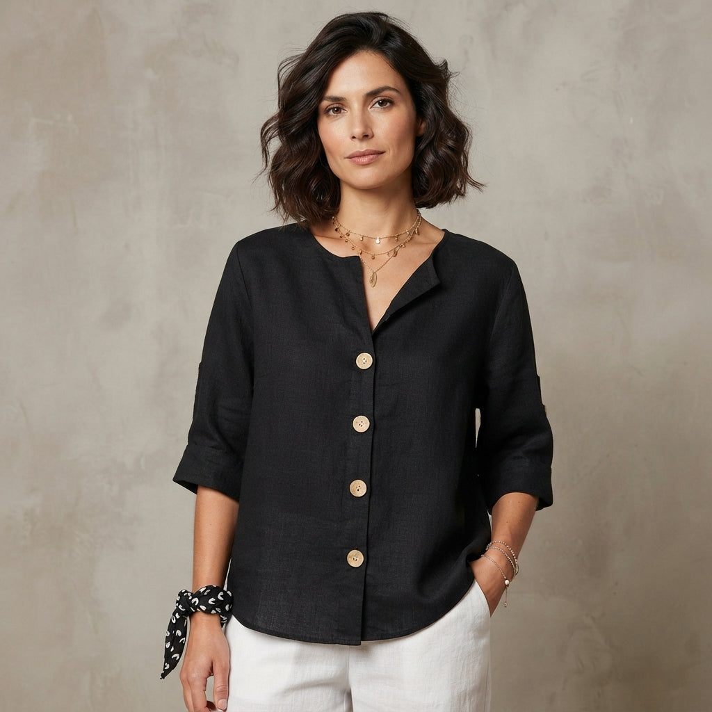 Blouse en lin à col en V boutonné