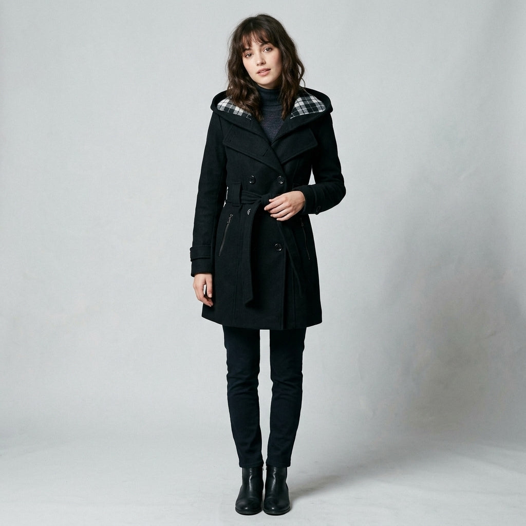 Manteau en laine à capuche et ceinture