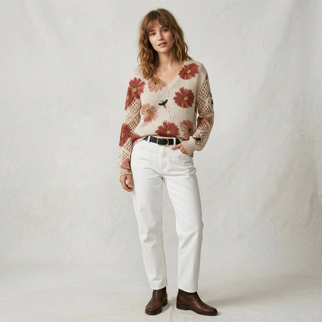 Pull en maille à col en V et motif floral