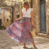 Jupe longue bohème à motifs floraux et taille haute