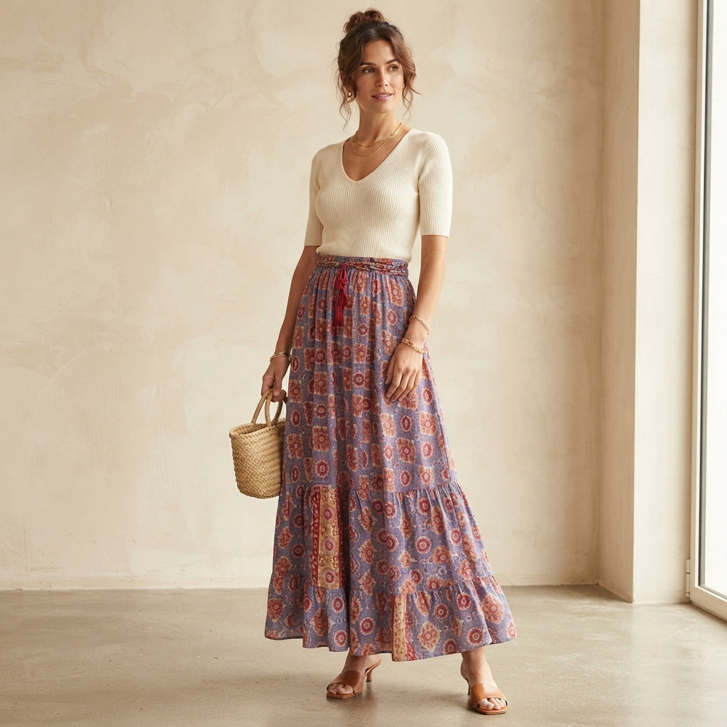 Jupe longue bohème à motifs floraux et taille haute