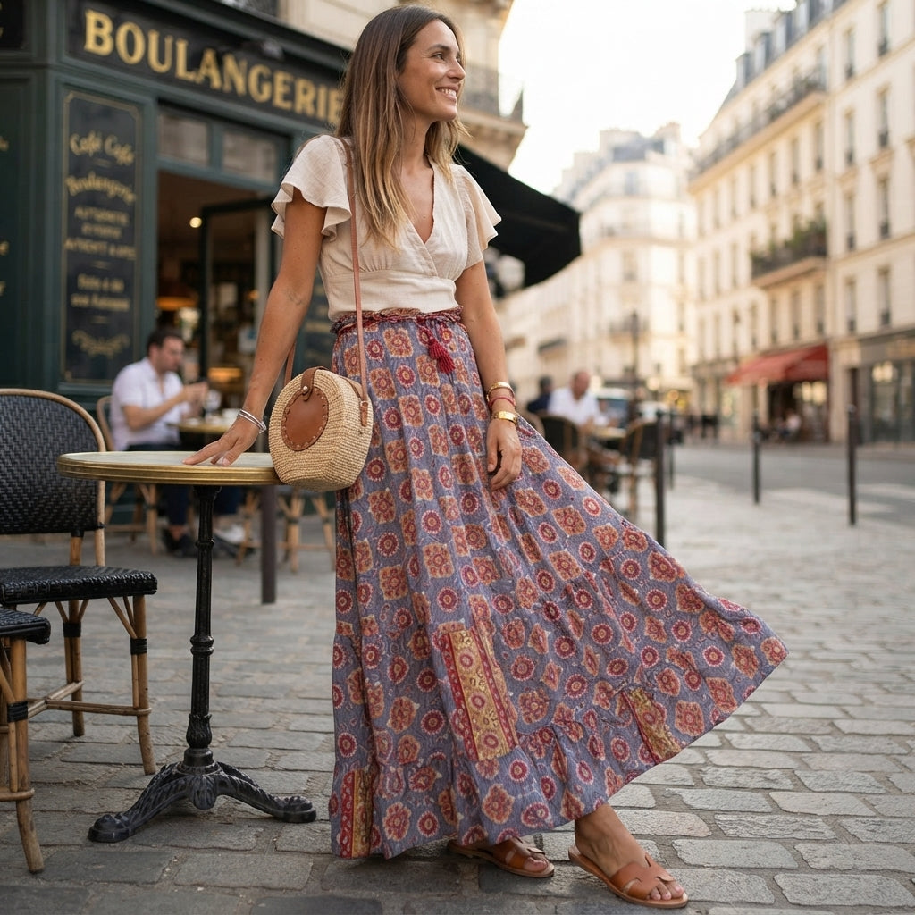 Jupe longue bohème à motifs floraux et taille haute