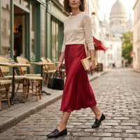 Jupe longue en satin beige