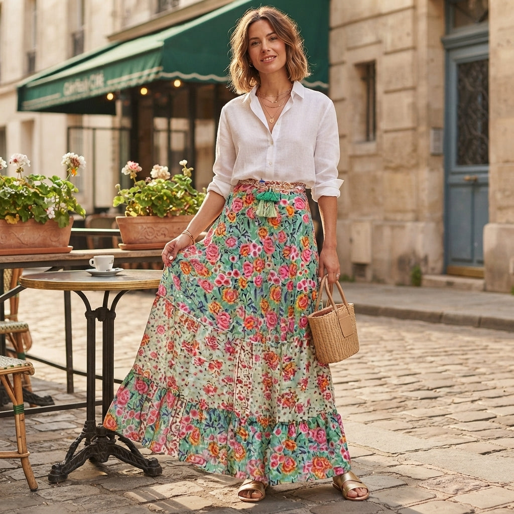 Jupe longue bohème à motifs floraux et taille haute