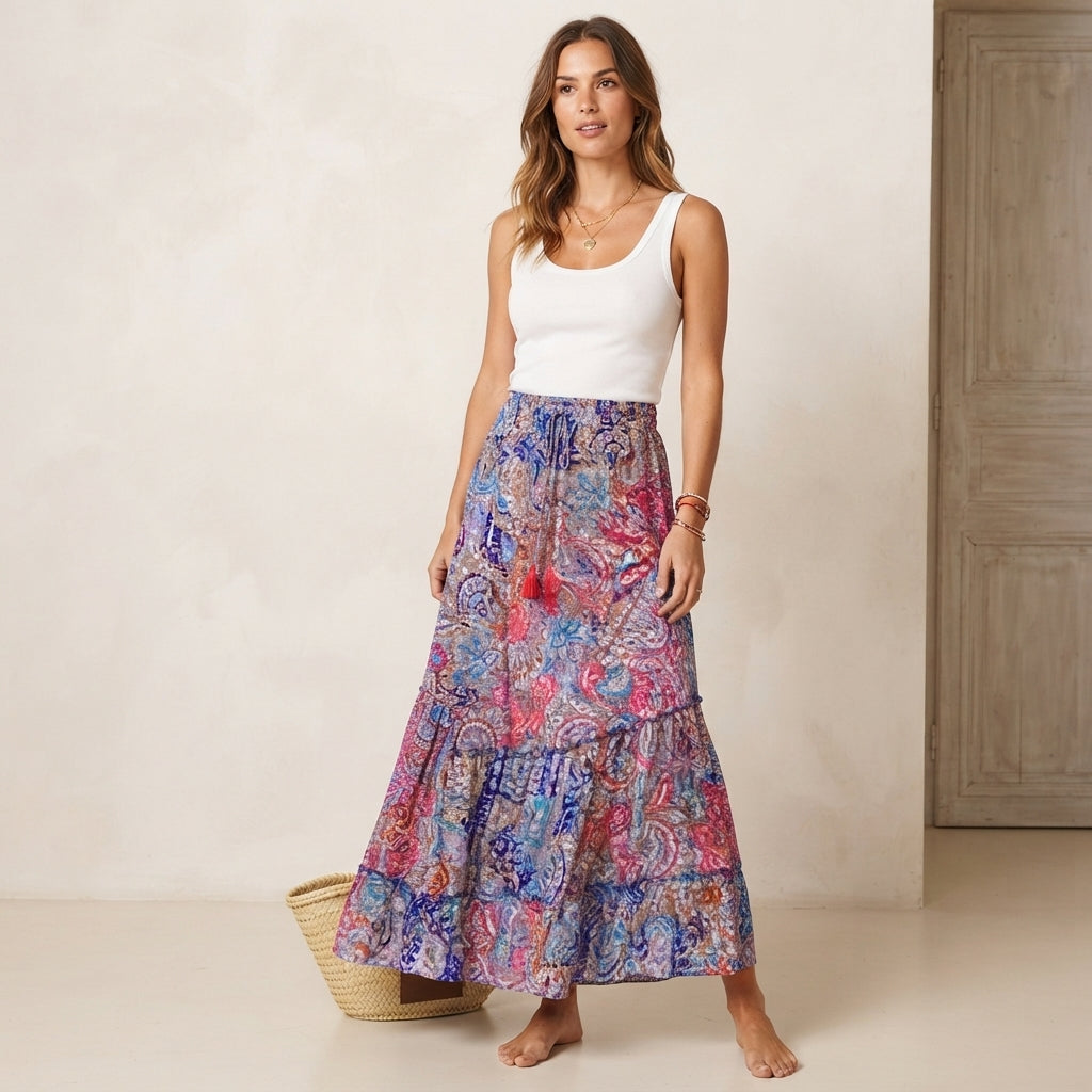 Jupe longue bohème à motifs floraux et taille haute