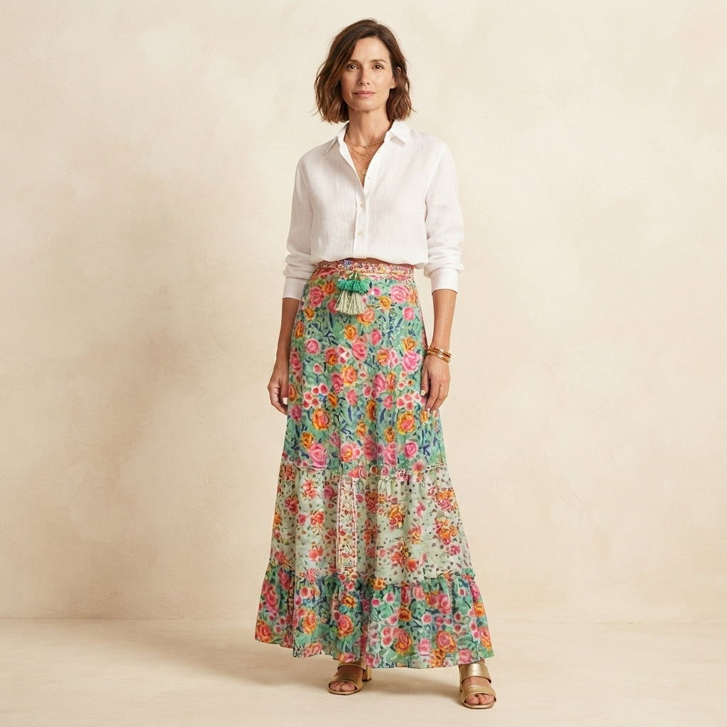 Jupe longue bohème à motifs floraux et taille haute