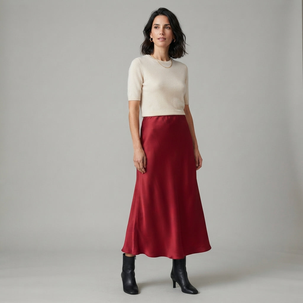 Jupe longue en satin beige