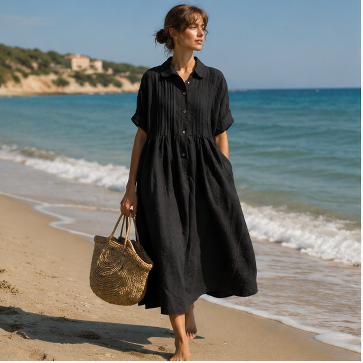 Robe chemise maxi plissée en coton