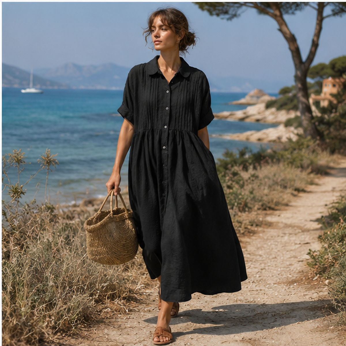 Robe chemise maxi plissée en coton