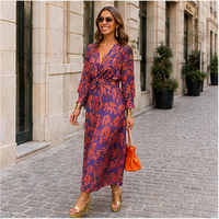 Long dress with twisted waist and V-neck