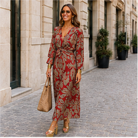 Long dress with twisted waist and V-neck