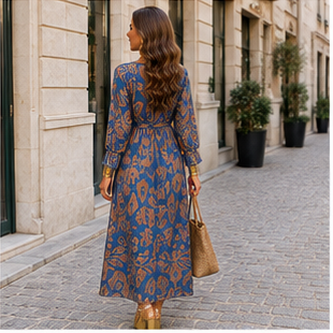 Long dress with twisted waist and V-neck