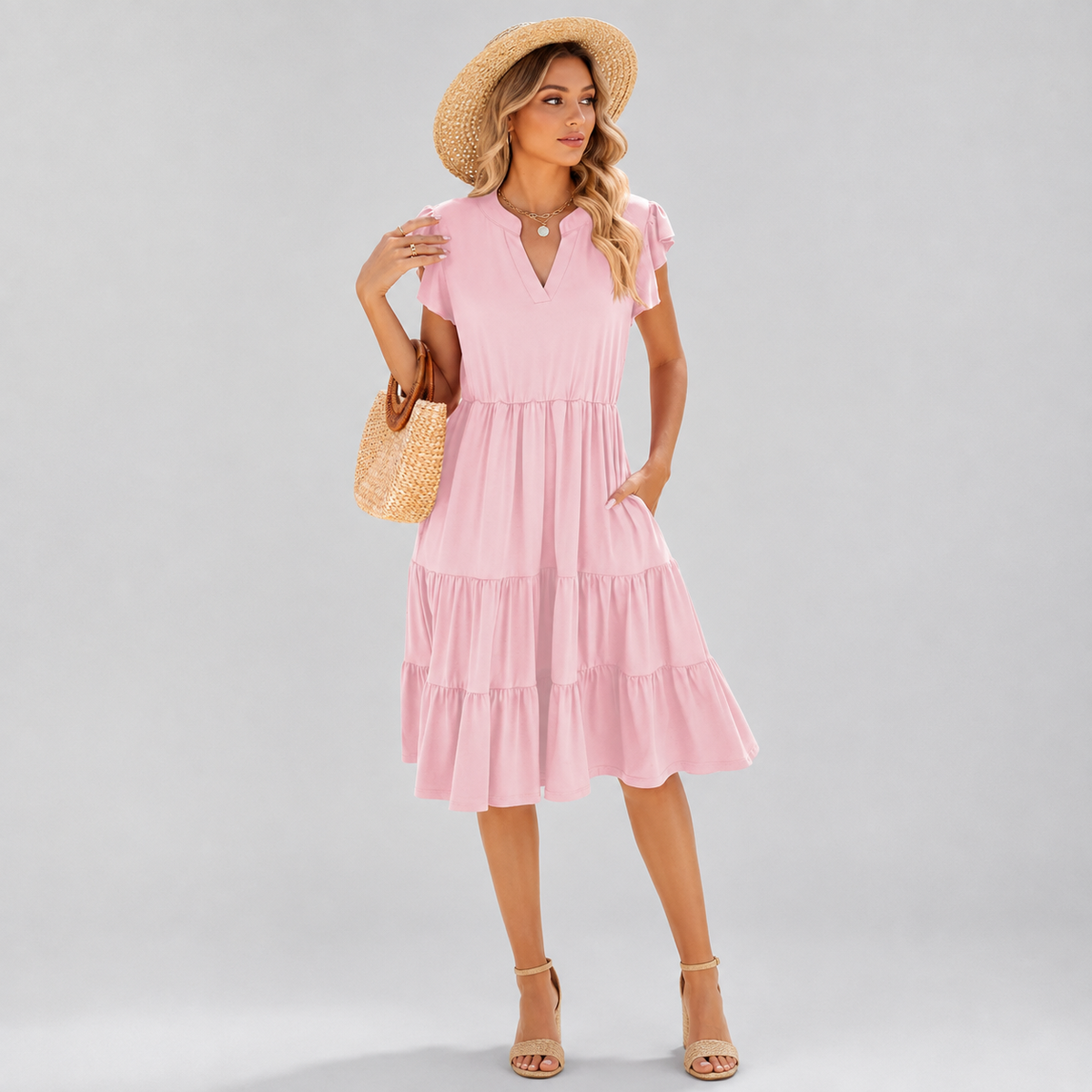 Robe midi trapèze à col en V