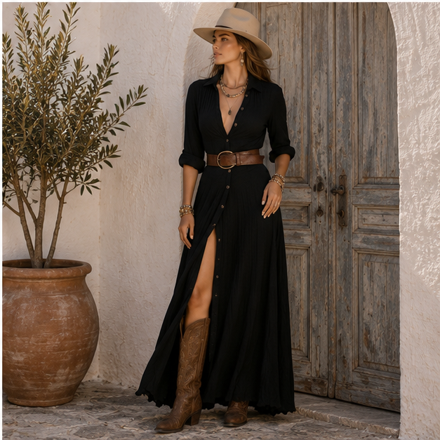 Robe chemise maxi ceinturée