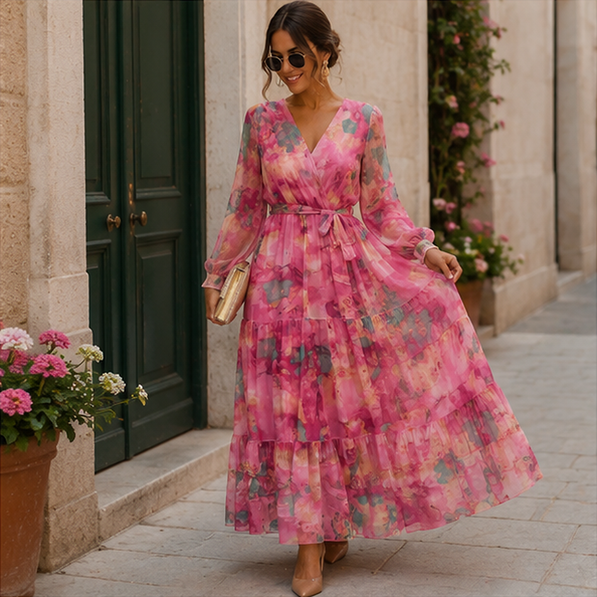 Robe longue Amélie à fleurs pour invitée de mariage