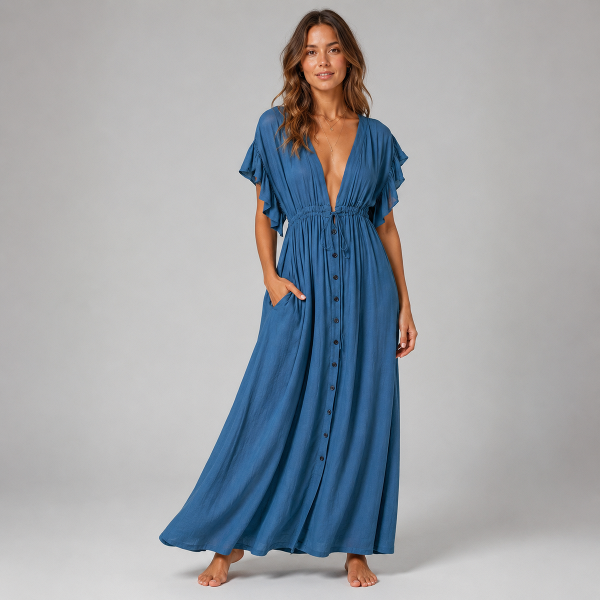 Robe longue bohème à col en V