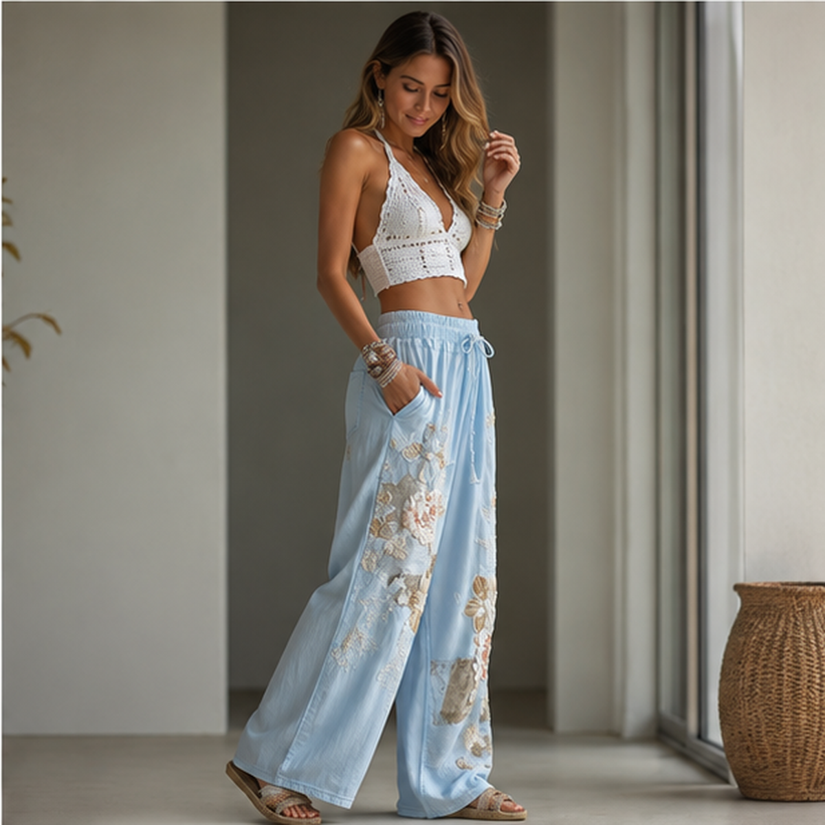 Pantalon palazzo brodé