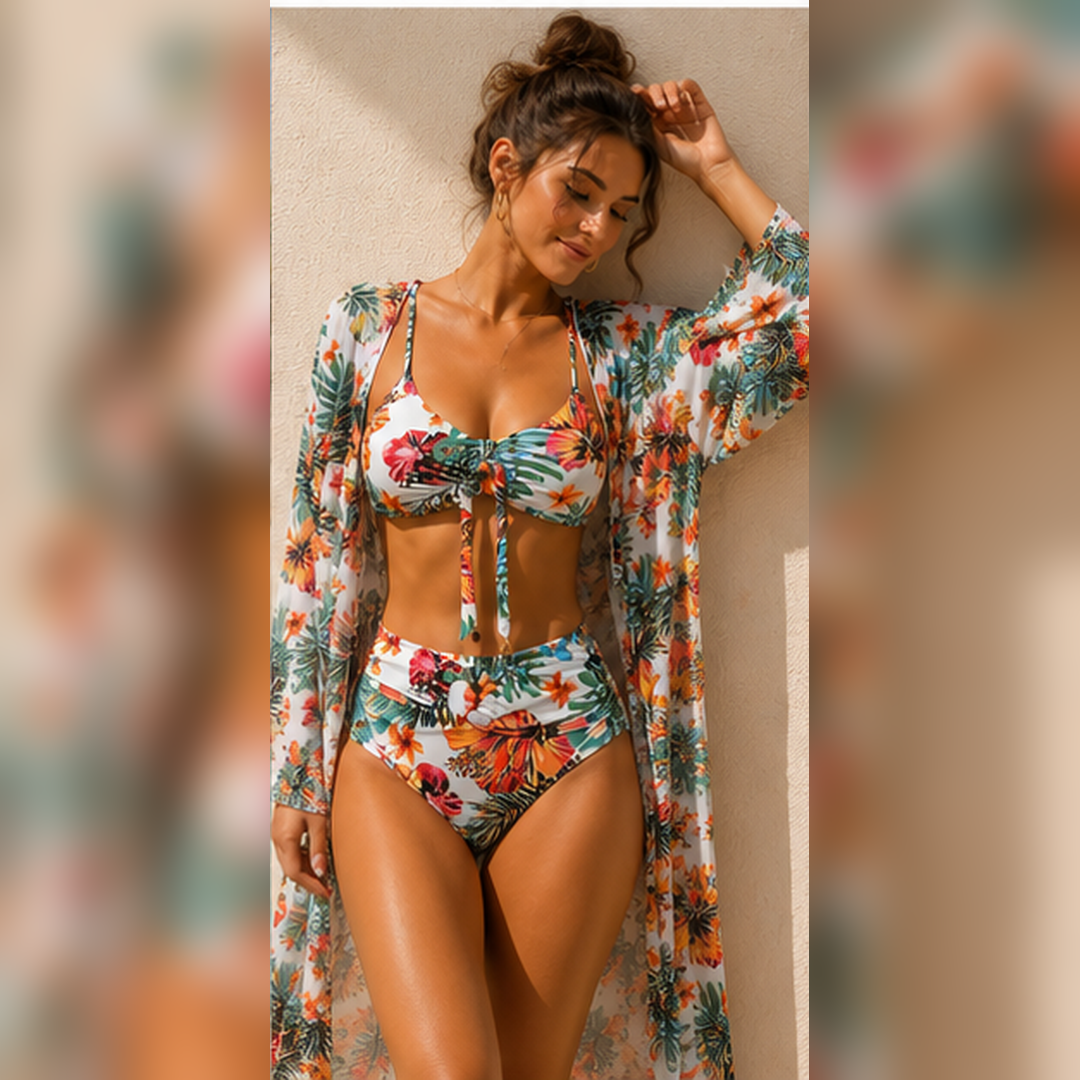 Ensemble bikini tropical taille haute