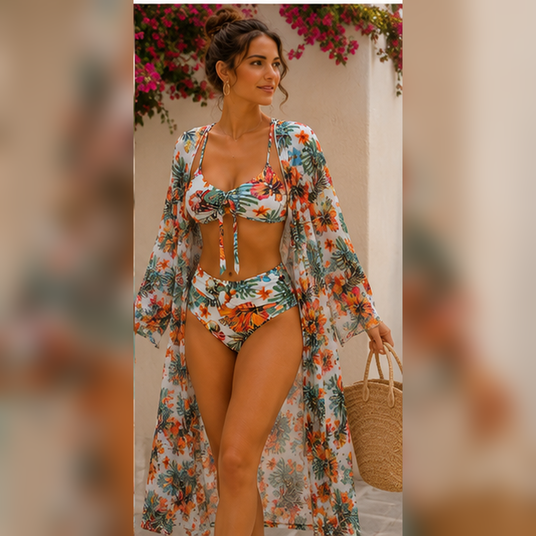 Ensemble bikini tropical taille haute