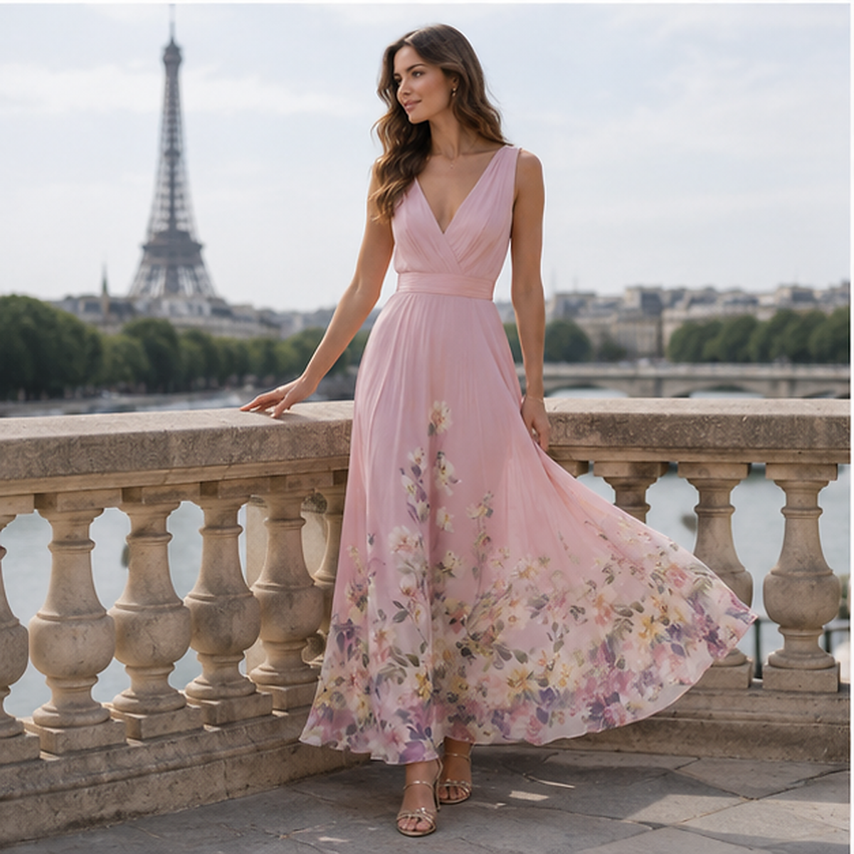 Robe longue fleurie à col V et ceinture