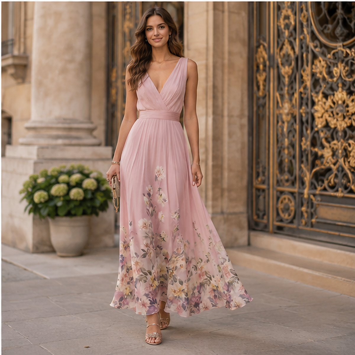 Robe longue fleurie à col V et ceinture