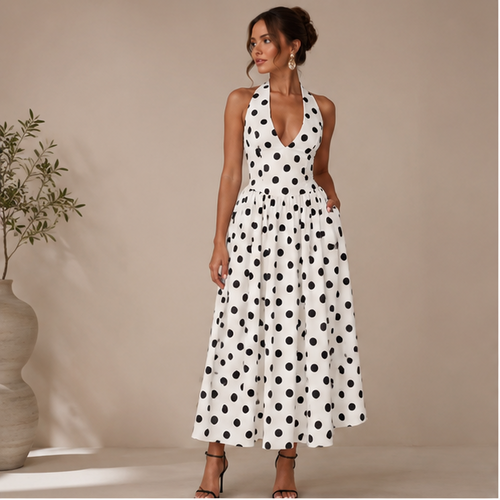 Robe longue à pois et encolure américaine Éloise Halter