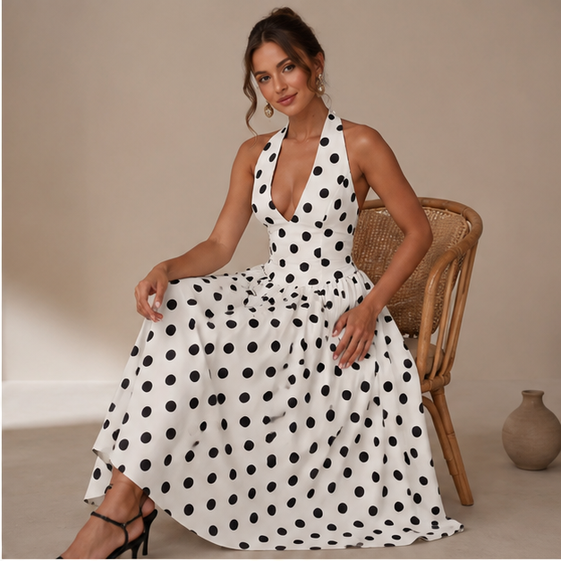 Eloise Halter polka dot long dress
