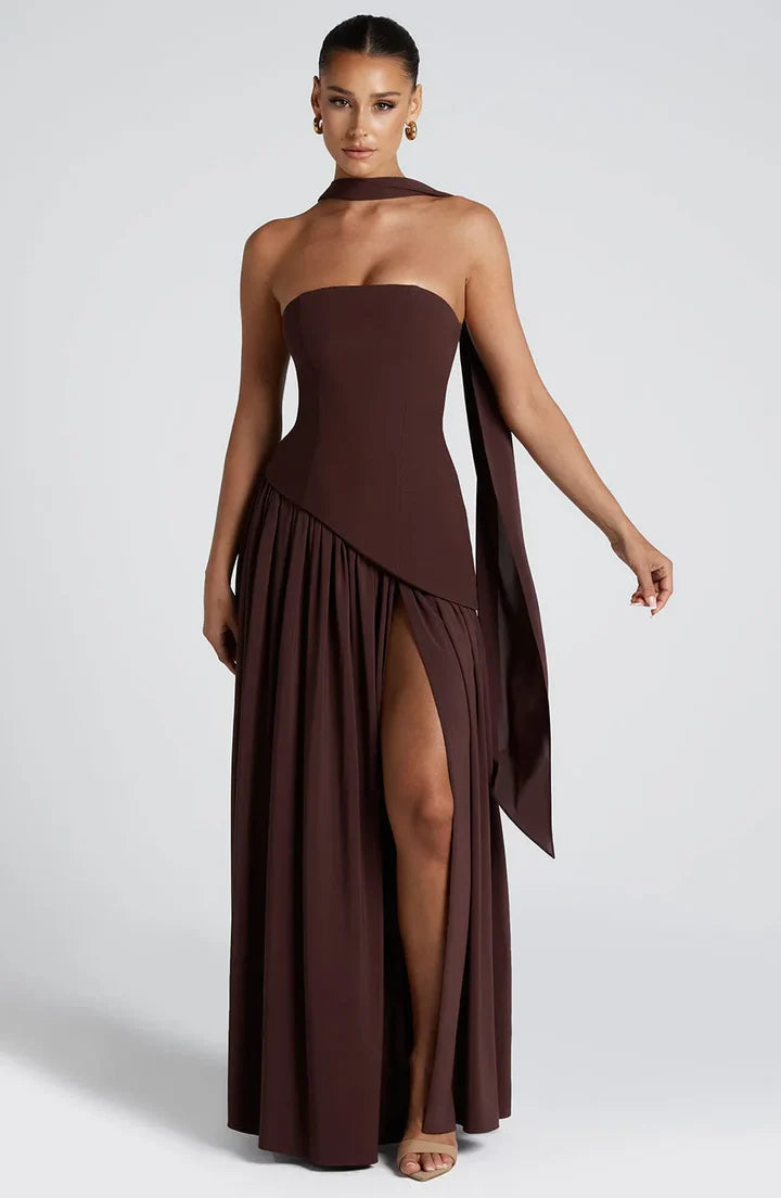Celestine strapless slit maxi dress