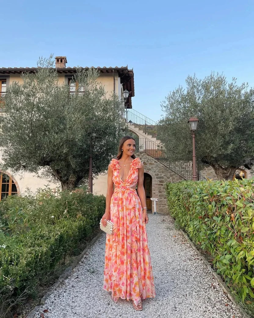 Robe longue à volants fleuris