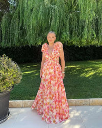 Robe longue à volants fleuris