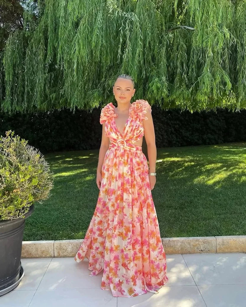 Robe longue à volants fleuris