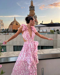 Robe longue à volants fleuris