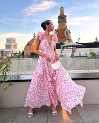 Robe longue à volants fleuris