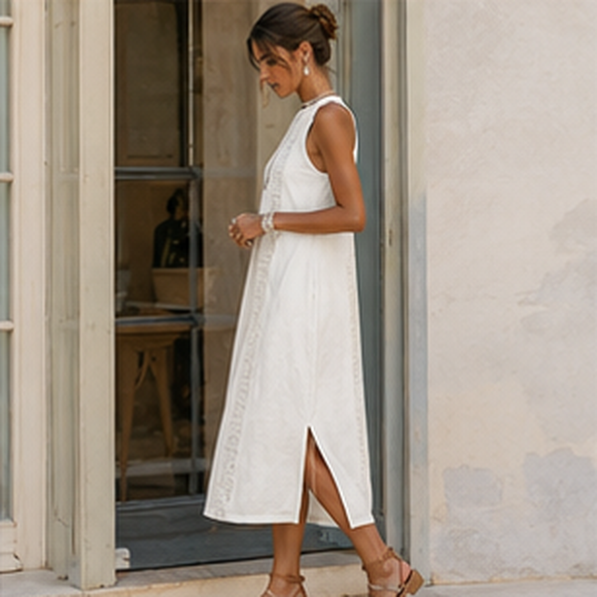 Embroidered mandarin collar midi dress