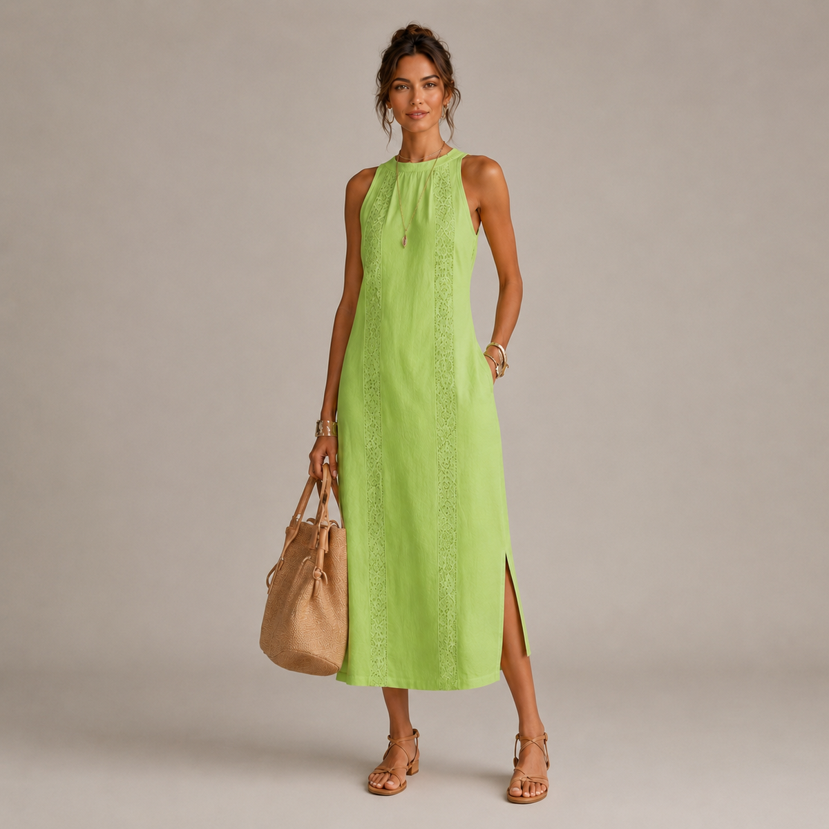 Midi dress with lace inserts